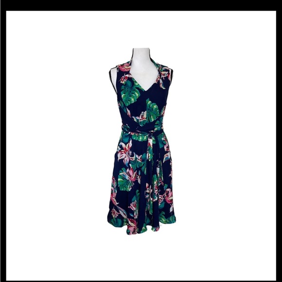 Tahari Arthur S Levine Sz 4 Dress Tropical Leaves Print Fit & Flare Minimalist - Picture 1 of 14